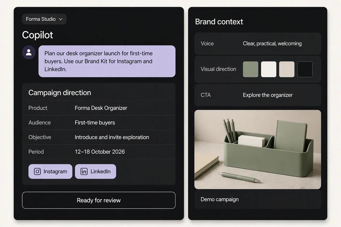 Oolook Copilot organizing a product launch campaign brief