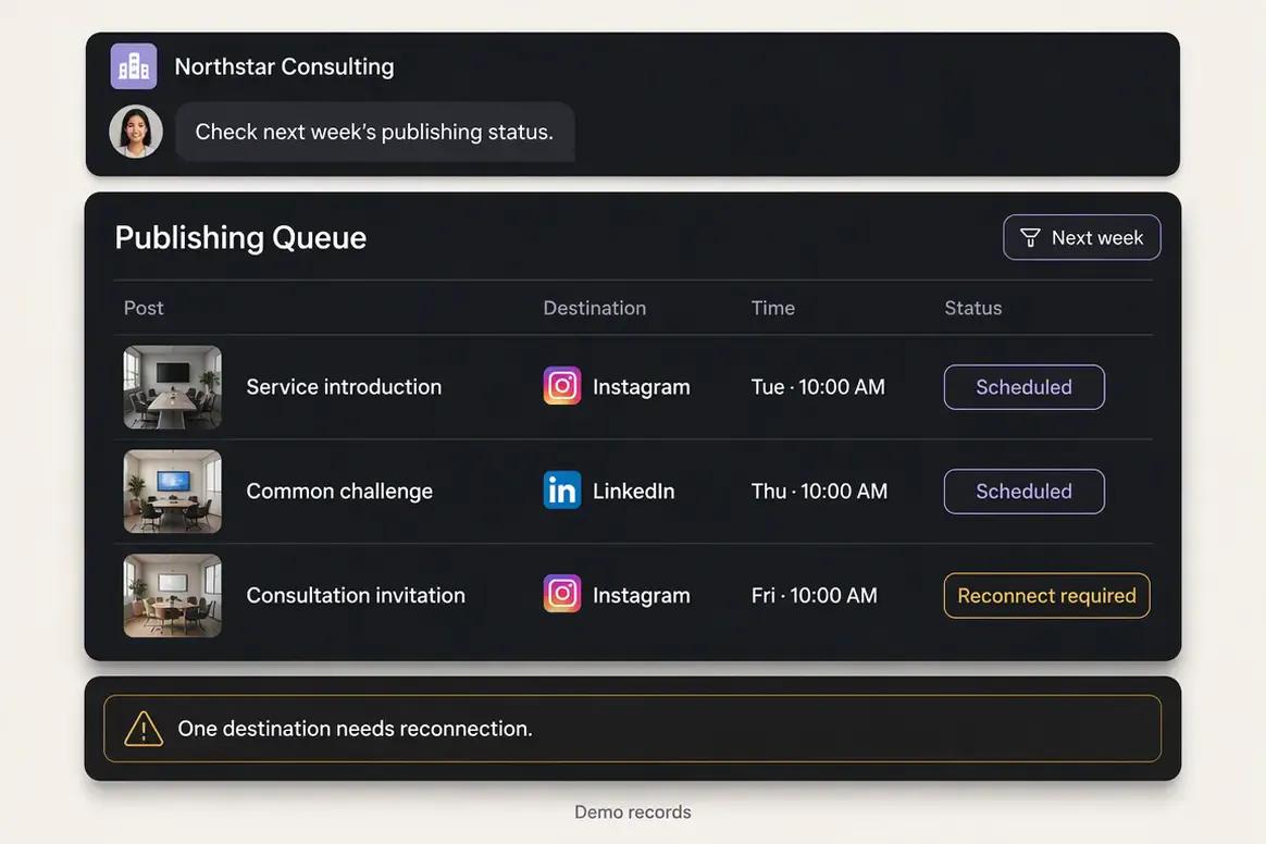 Oolook publishing queue showing scheduled post statuses