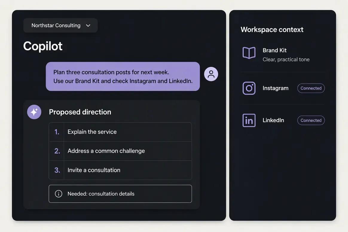 Oolook Copilot receiving a social content objective inside a brand workspace