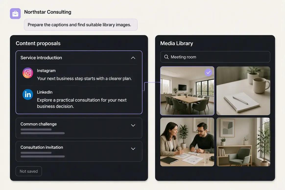 Oolook Copilot preparing social captions and selecting brand media