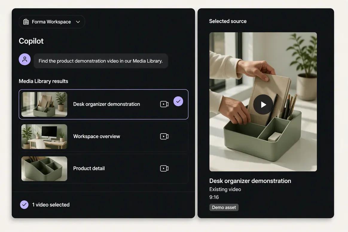 Oolook Copilot locating a product video in the Media Library
