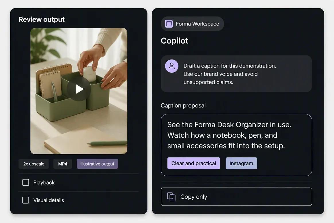 Oolook processed video output with a Copilot-generated caption