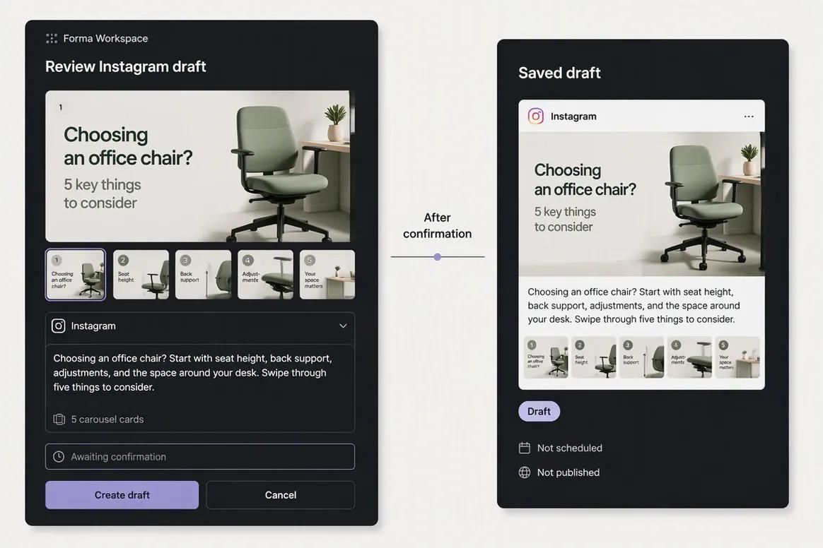 Oolook Instagram draft containing generated carousel cards and caption