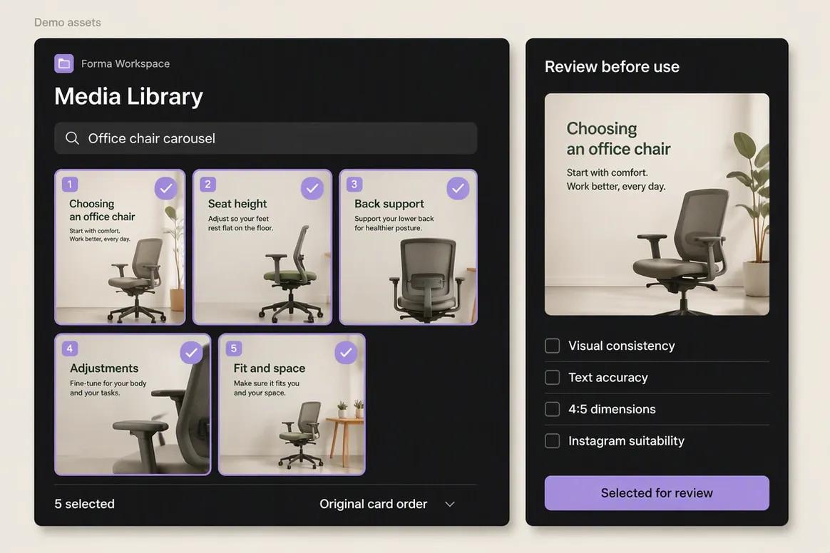 Oolook Media Library containing reviewed generated carousel assets
