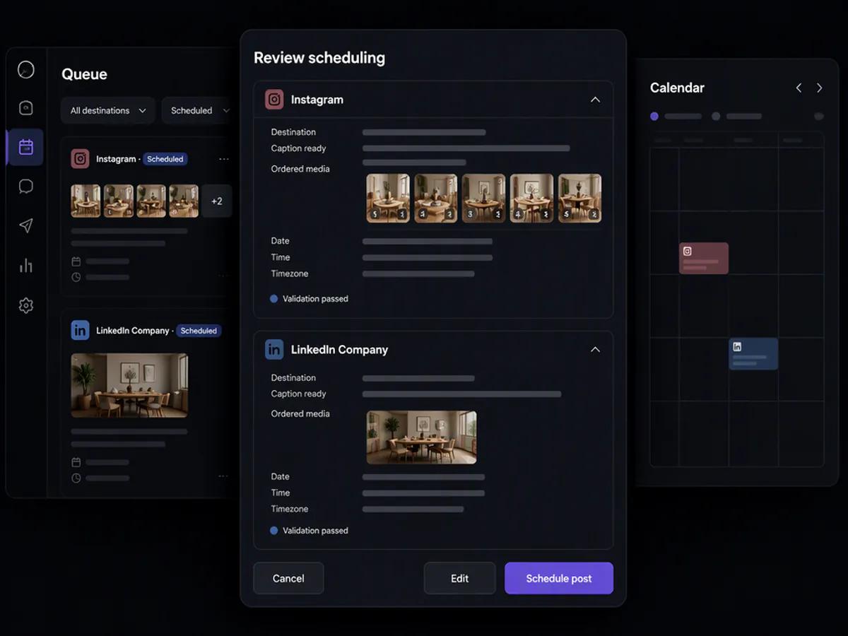 Instagram and LinkedIn campaign actions reviewed and scheduled separately in Oolook