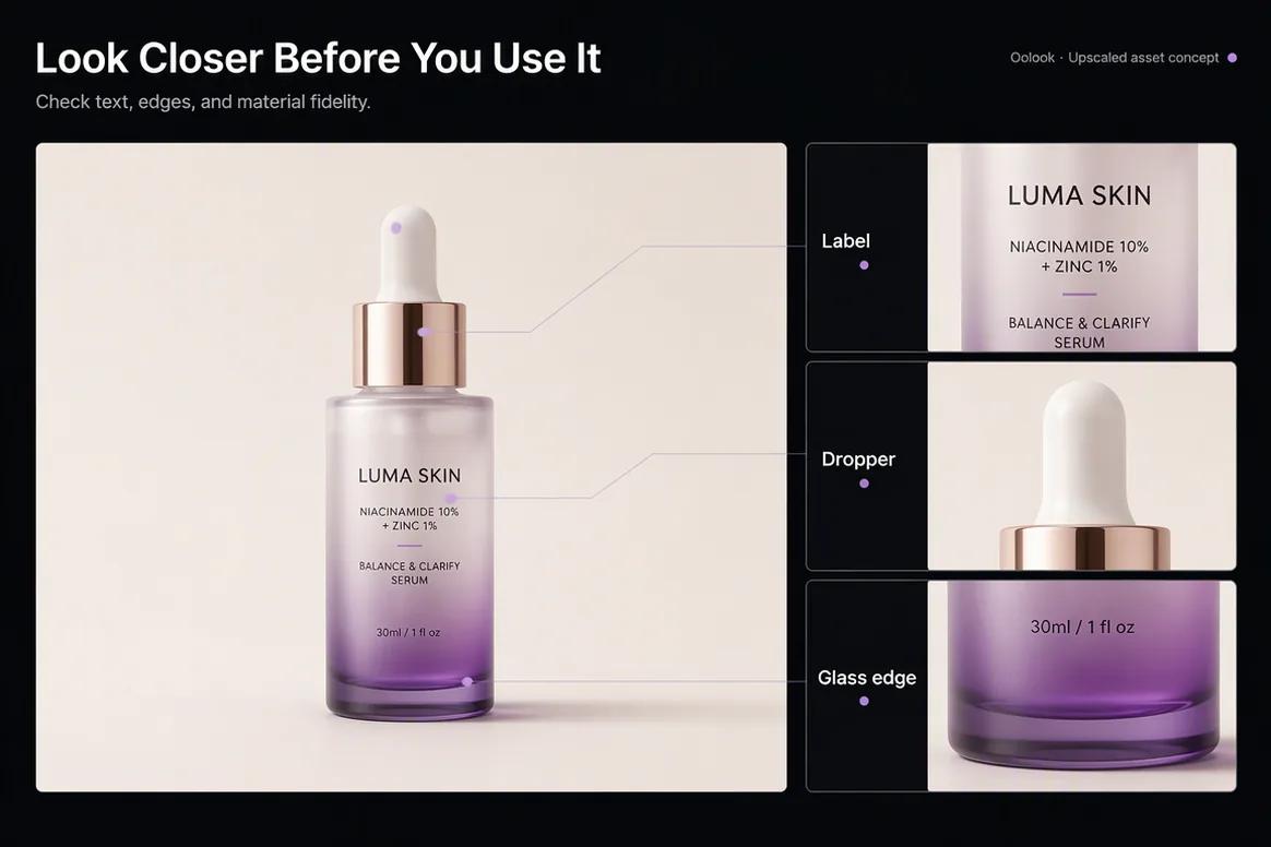 Oolook displaying an upscaled product image with detail review