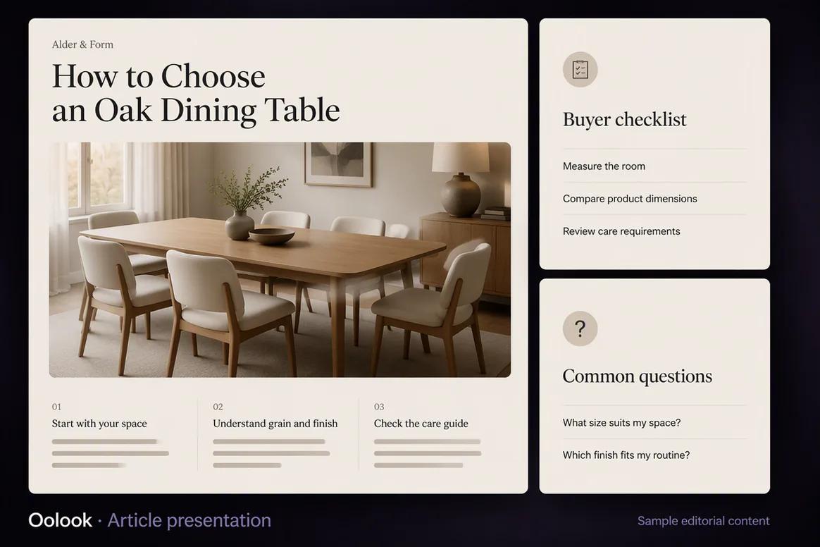 Oolook displaying a completed SEO article about choosing an oak dining table