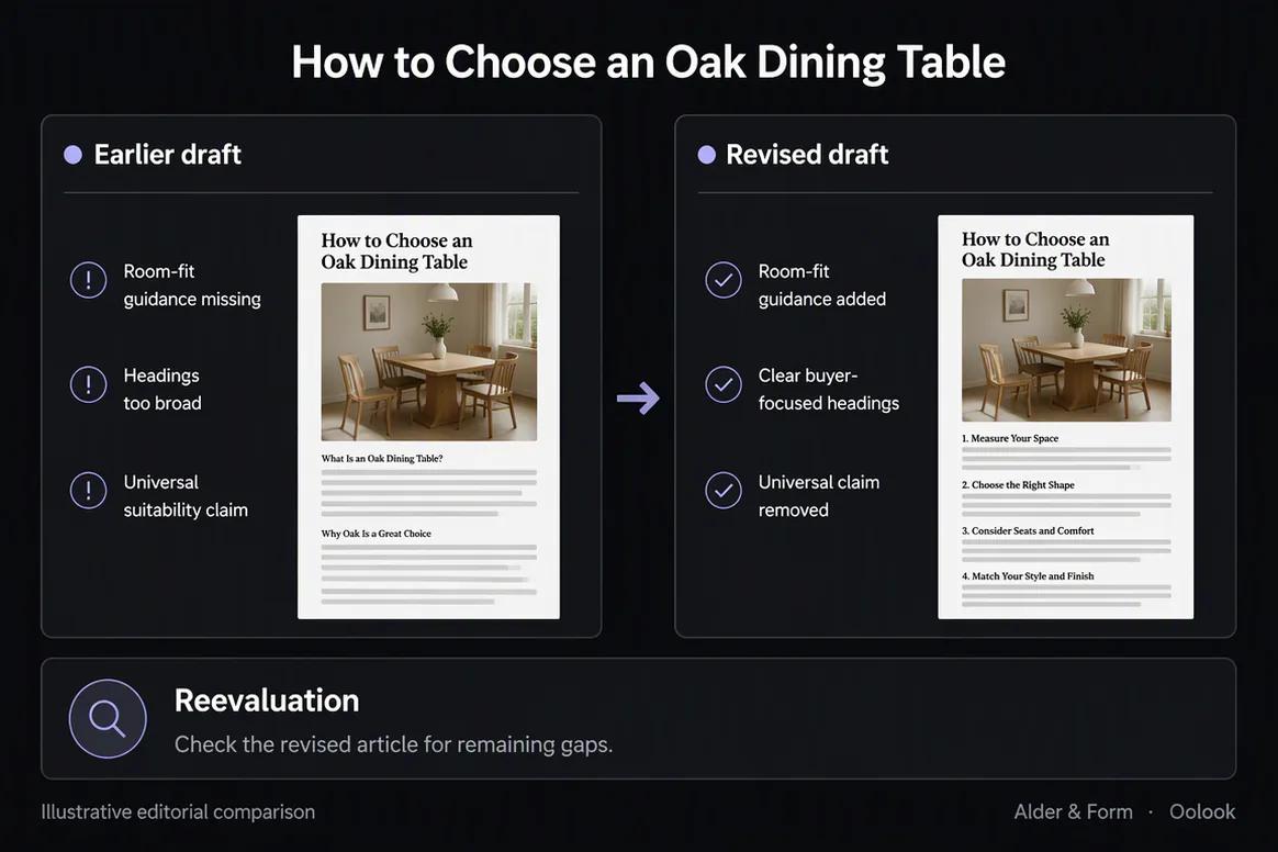 Oolook displaying article evaluation before and after revision