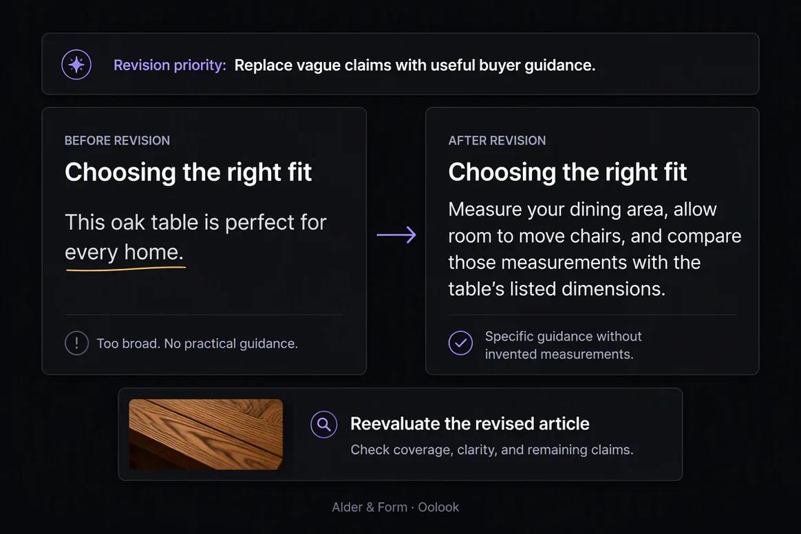 Oolook article editor displaying SEO evaluation results