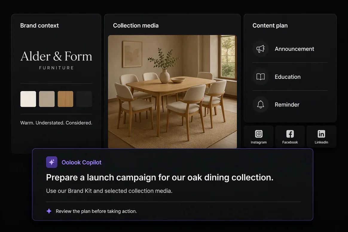 Oolook Copilot using context from a brand workspace