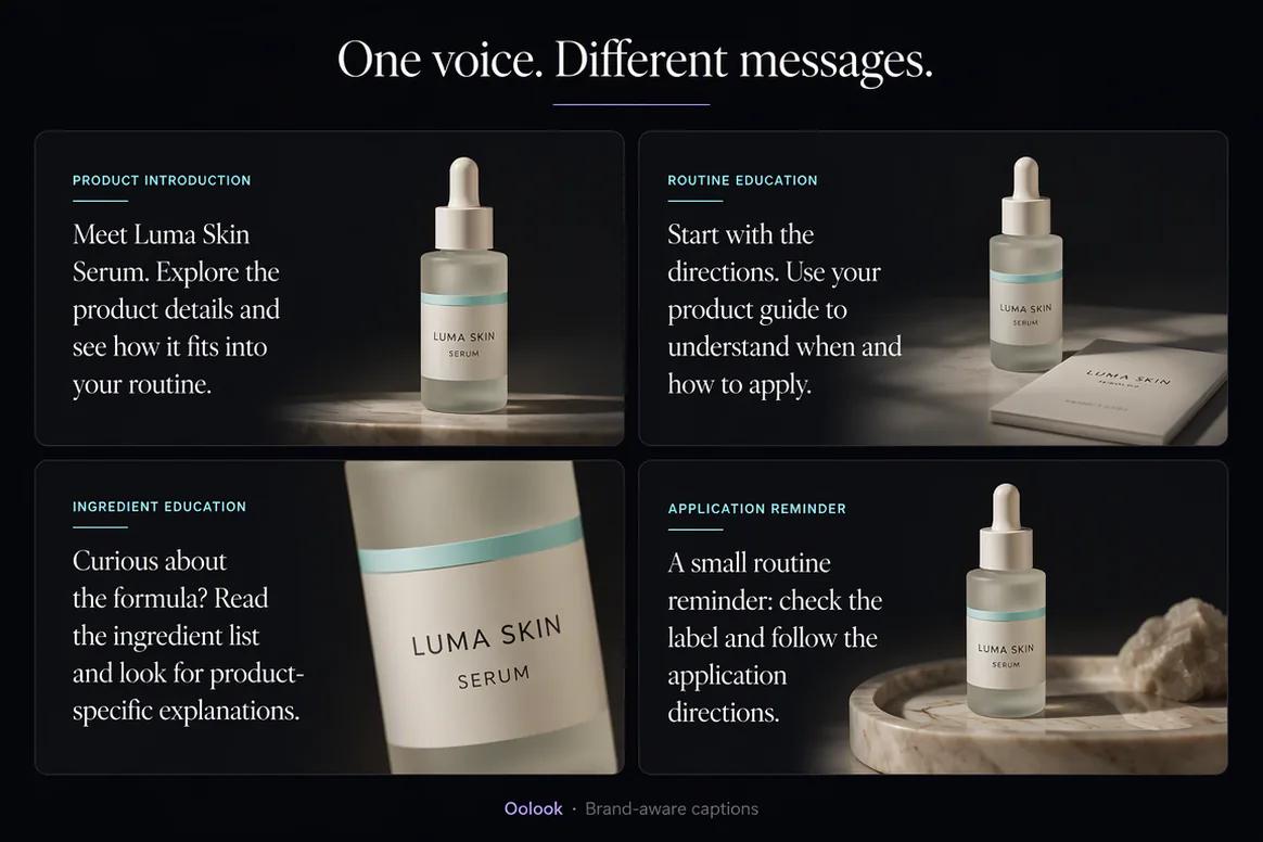Oolook applying a Brand Kit to several marketing captions
