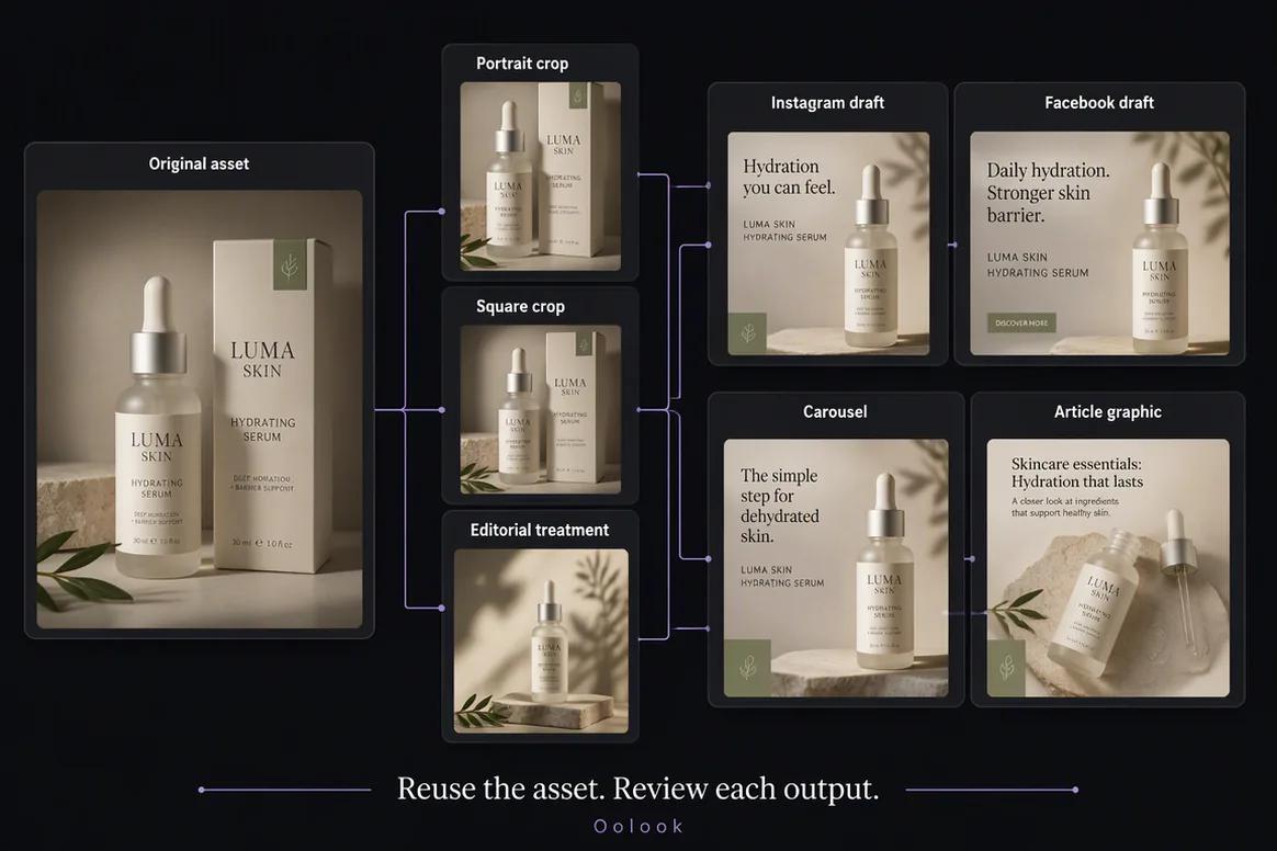 Approved Media Library asset connected to an Oolook publishing workflow