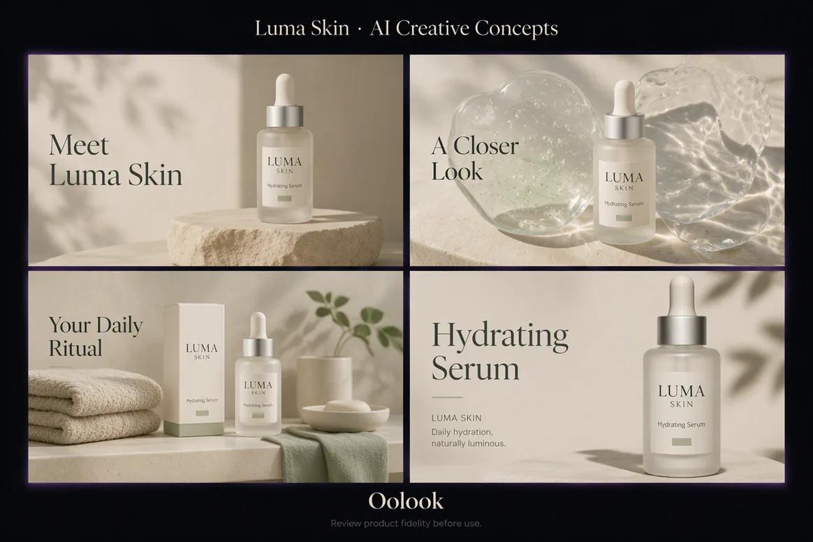 Oolook displaying AI-generated beauty campaign assets