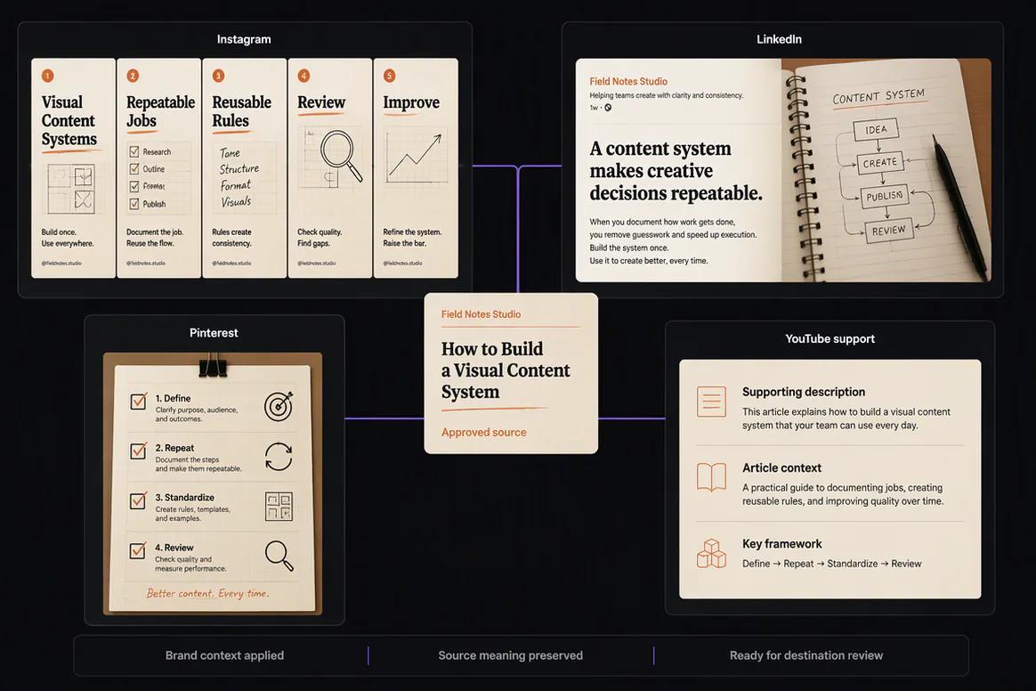 Repurposed content adapted for several social destinations