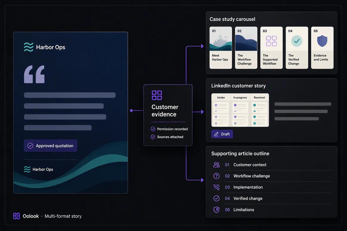 Customer story captions quote visuals and carousel content in Oolook