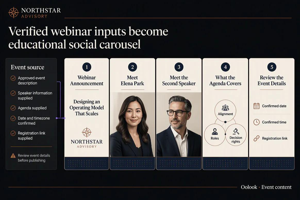 Event announcement speaker and agenda content created in Oolook