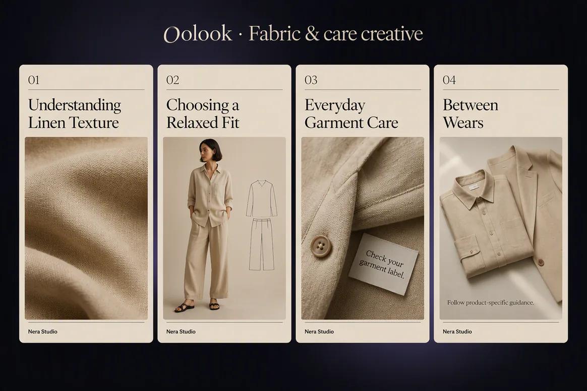 Oolook displaying a fashion fabric fit and care carousel