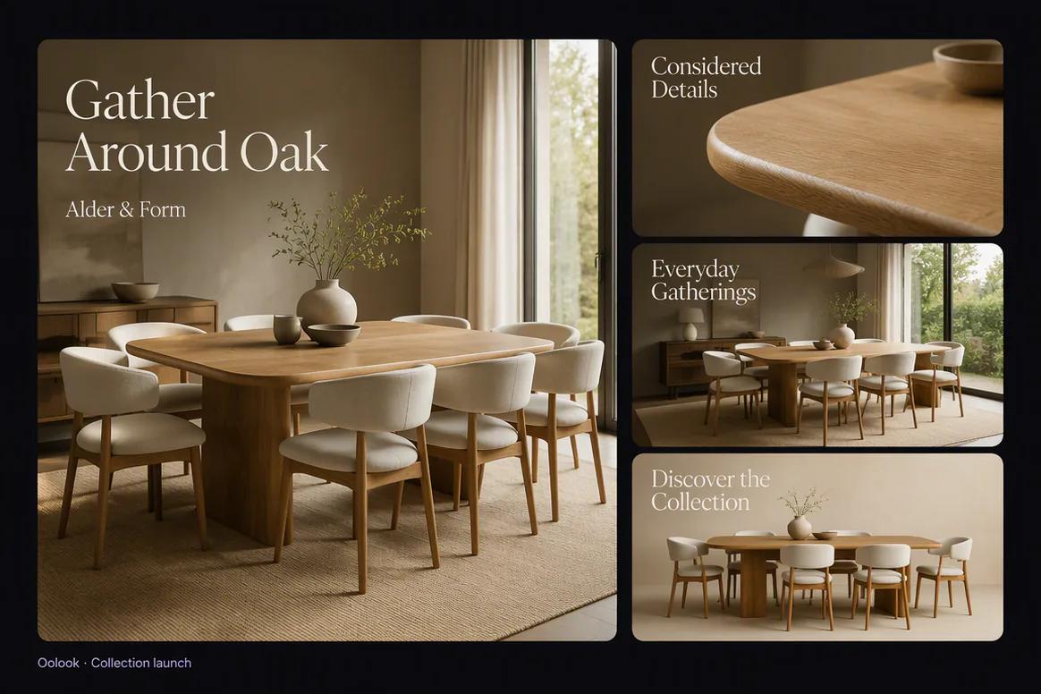 Oolook displaying a coordinated furniture collection launch campaign