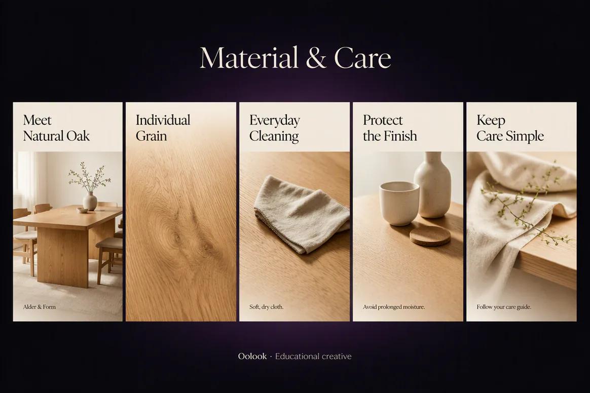 Oolook displaying a furniture material and care carousel