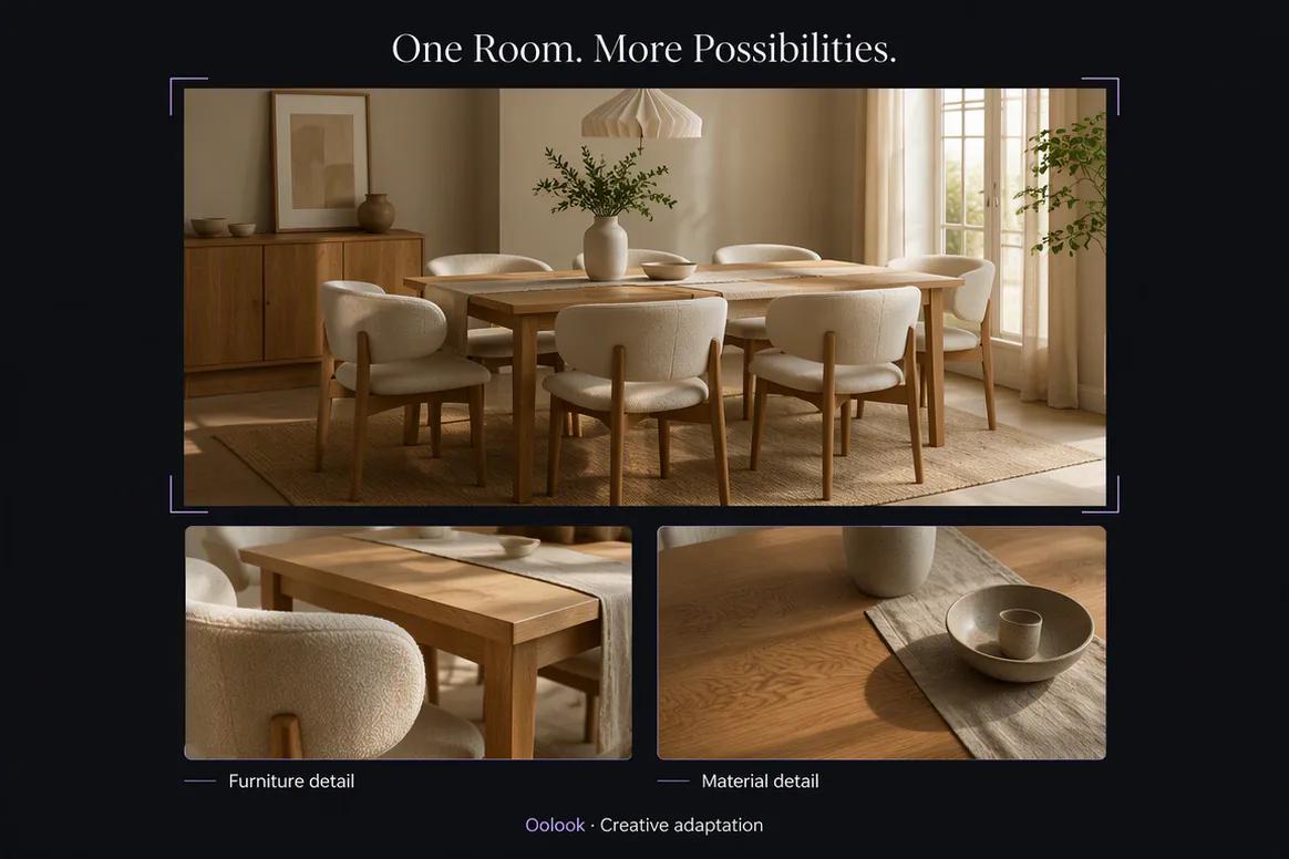 Oolook displaying room inspiration created from approved furniture assets