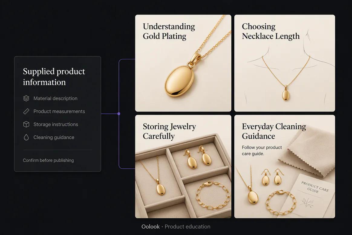 Jewelry material sizing and care education content