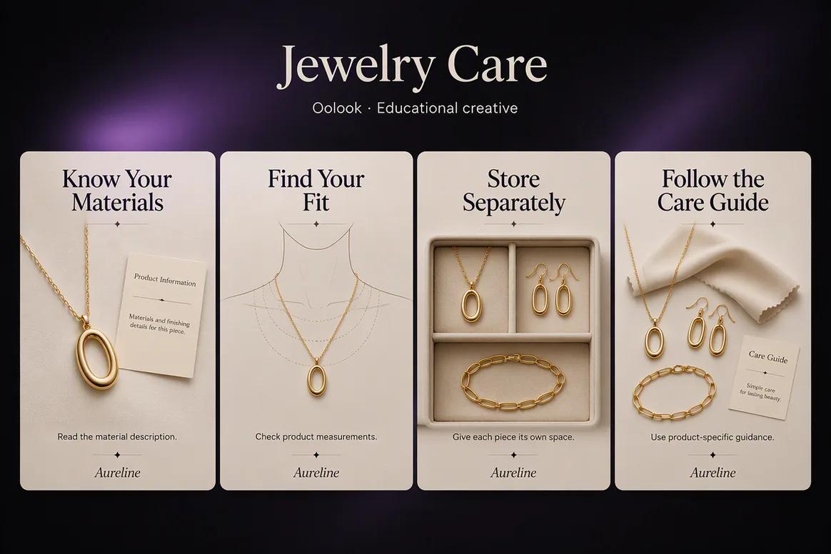 Oolook displaying a jewelry material sizing and care carousel