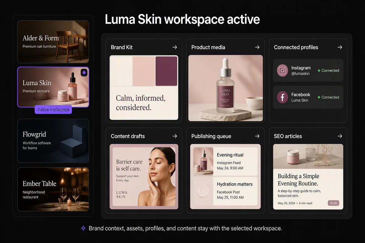 Several brand-specific marketing workspaces organized in Oolook