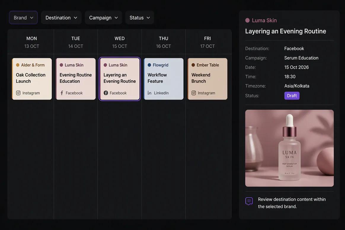 Oolook displaying a multi-brand content calendar