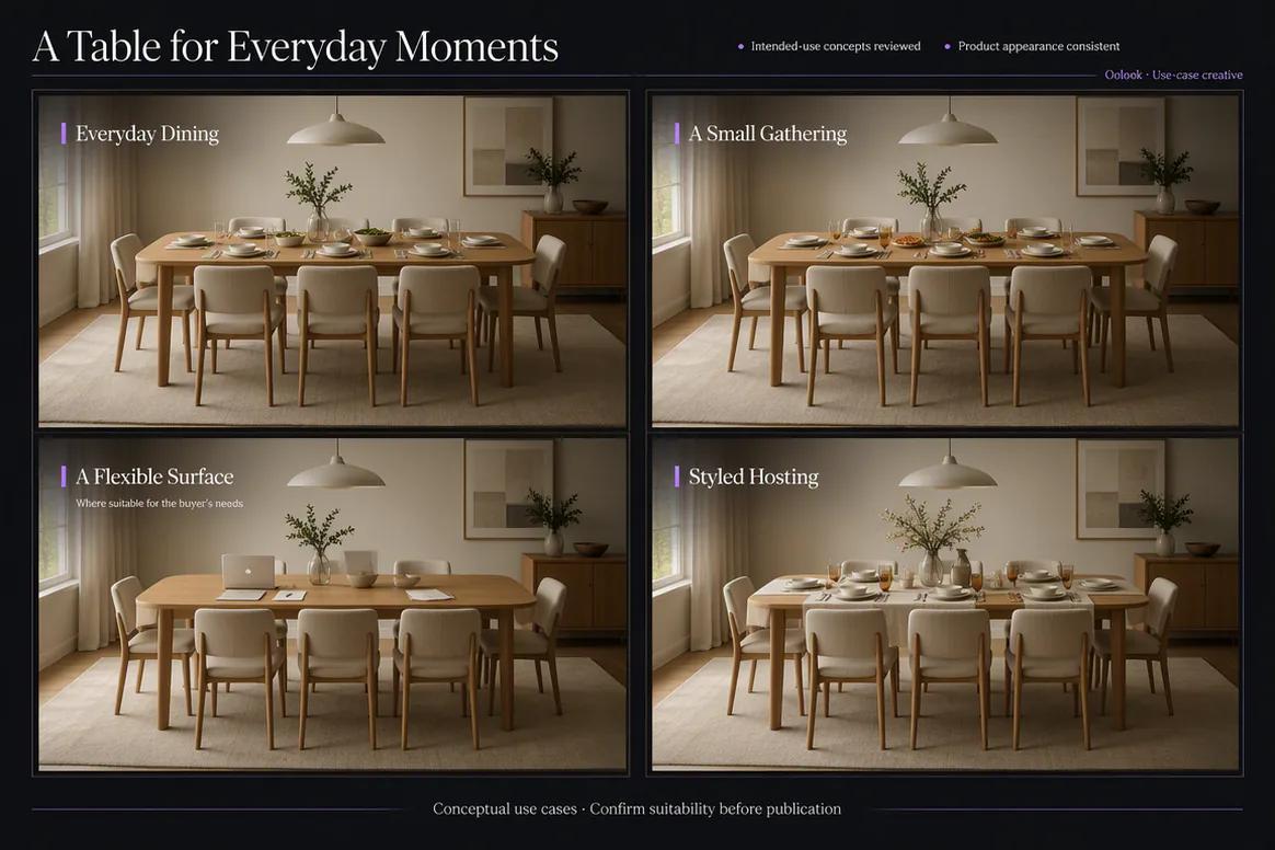 Oolook displaying several approved furniture product use cases