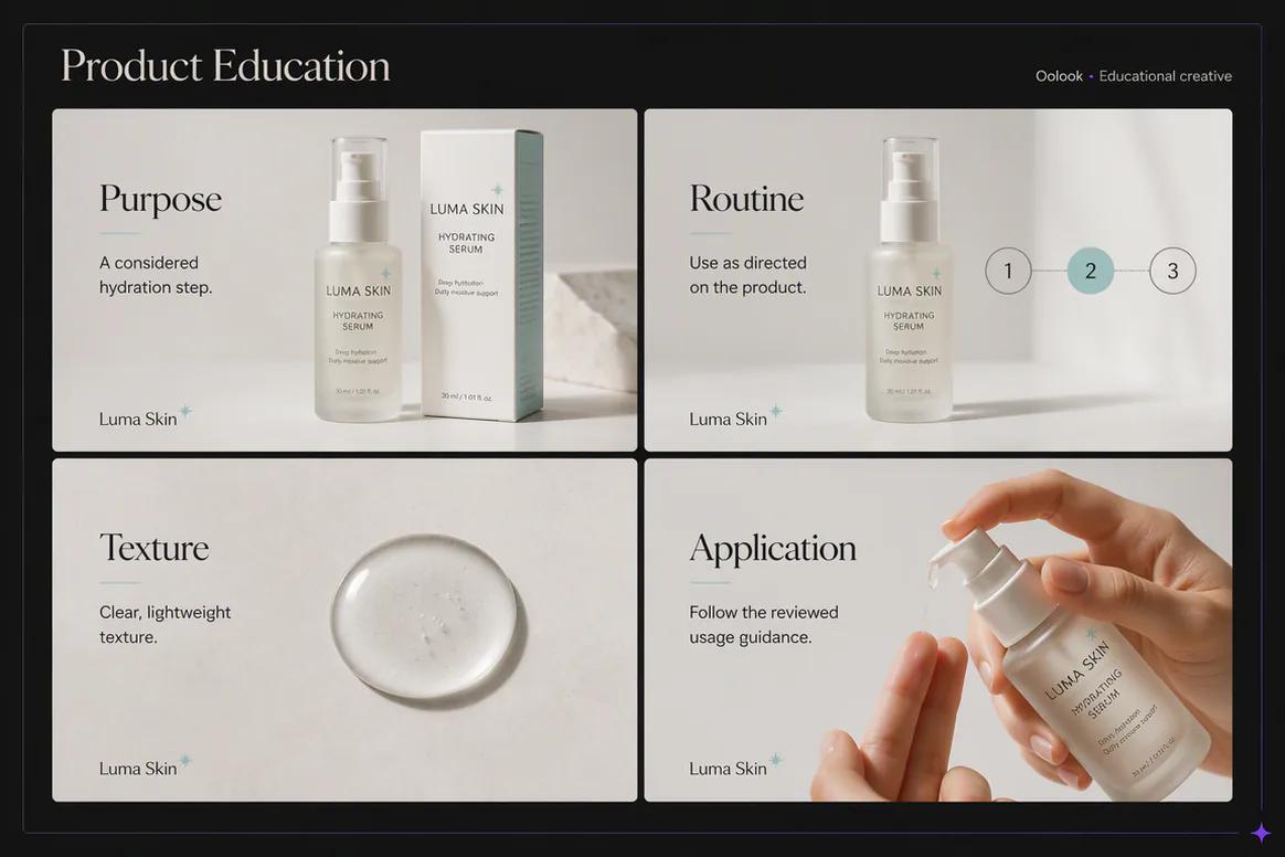 Oolook displaying product feature and benefit education