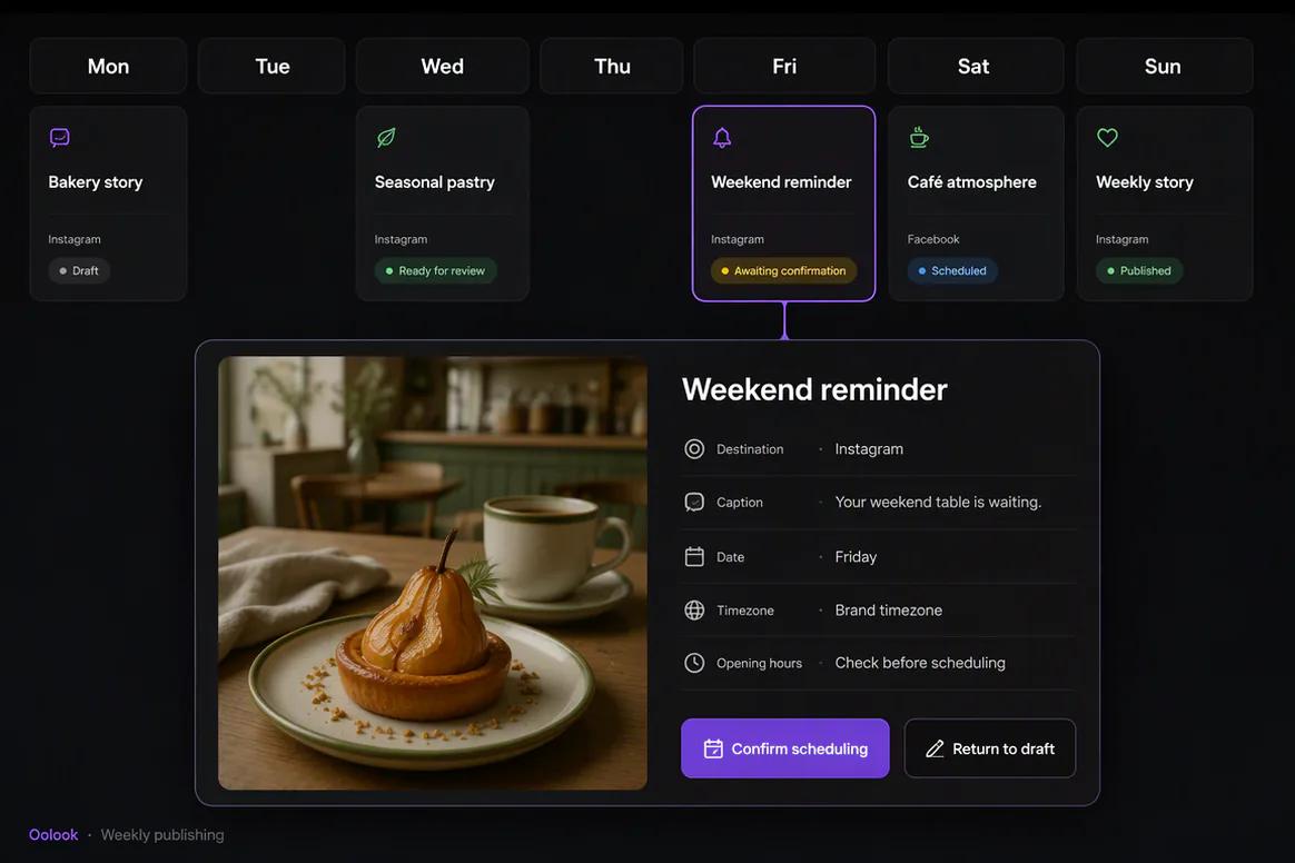 Small-business social content prepared for scheduling in Oolook