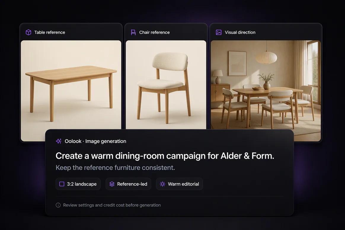 AI image model quality and aspect ratio settings inside Oolook