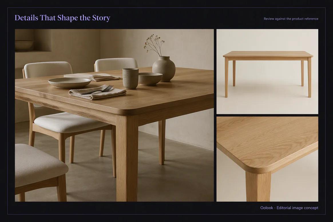 Oolook displaying a generated editorial furniture detail image