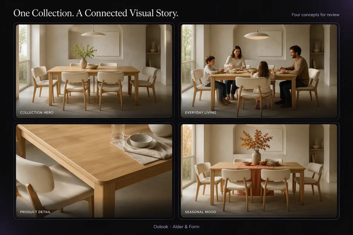 Oolook displaying a coordinated collection of generated campaign images