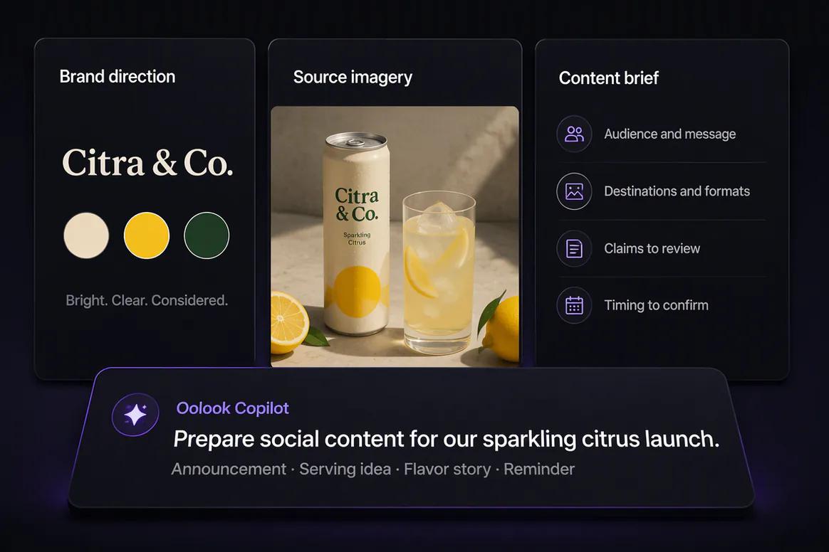 Oolook Copilot turning a marketing objective into a social content direction