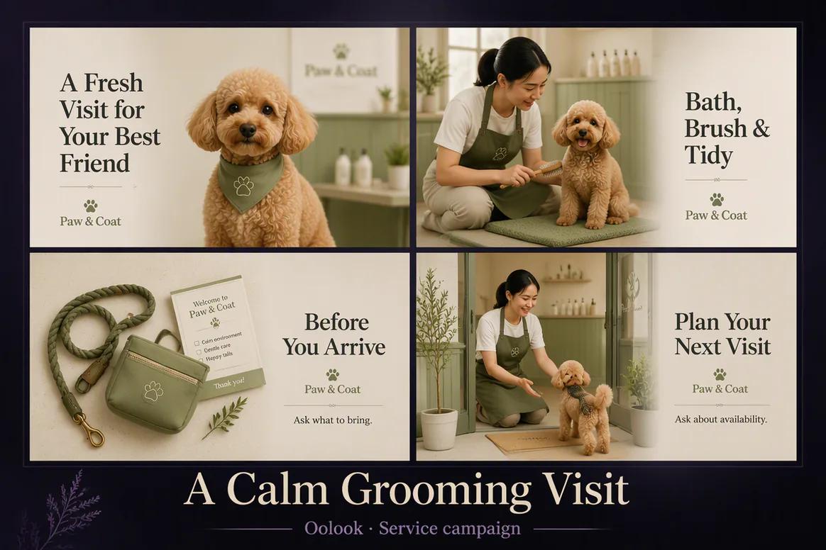 Oolook displaying a coordinated pet grooming service campaign